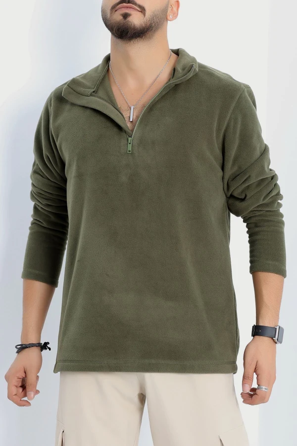 Yarım Fermuar Erkek Polar Sweat Haki 2