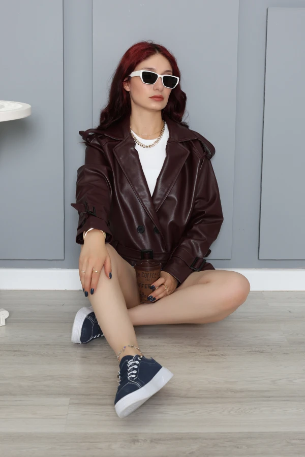 Astarlı Kemerli Deri Ceket Bordo 2