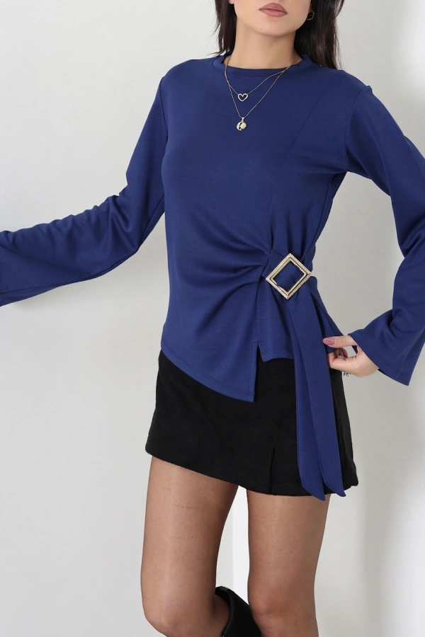 Toka Detaylı Kimono Kol Modal Bluz İndigo