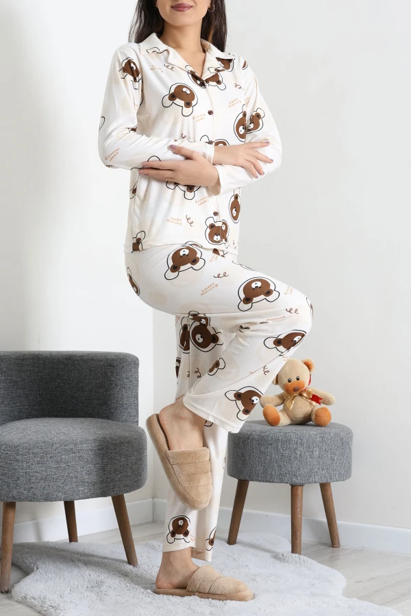 Süet Düğmeli Pijama Takımı Bejkahve 6