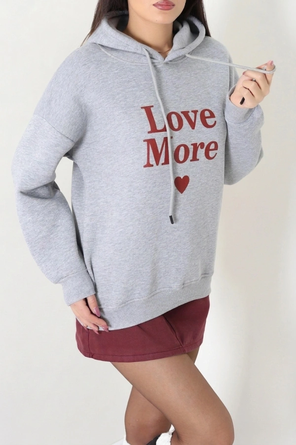 Kadın Gri Üç İplik Kapüşonlu Baskılı Sweatshirt Tunik 5