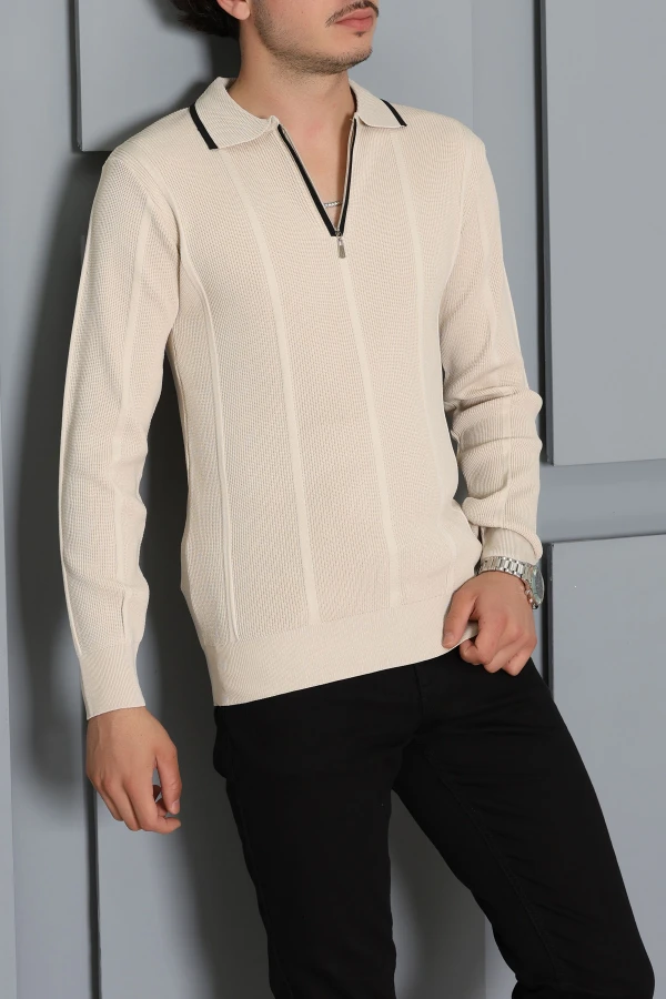 Çizgili Polo Yaka Erkek Triko Sweat Taş