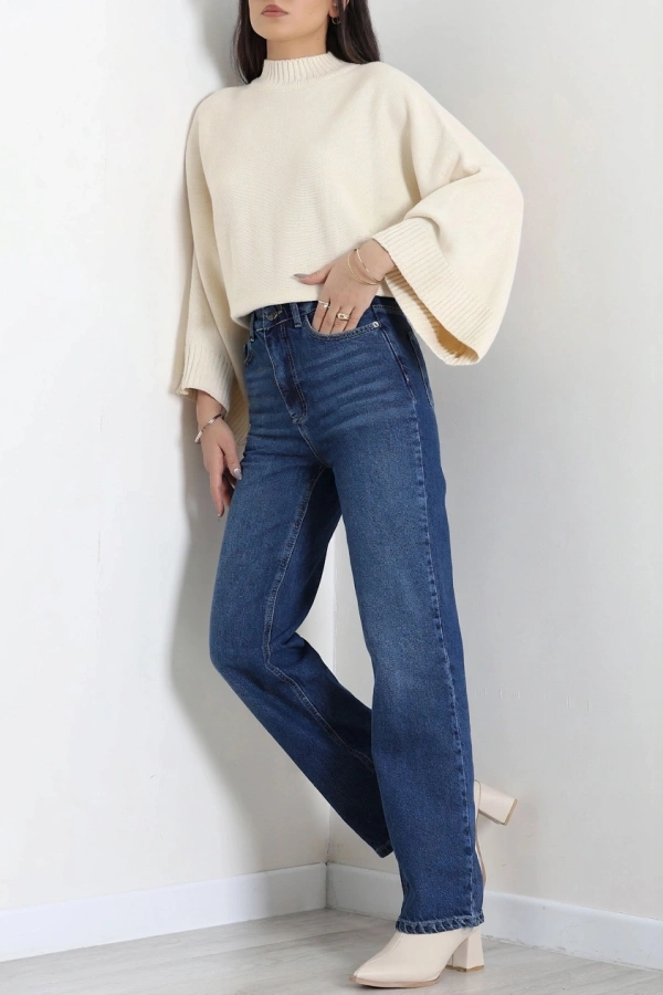 Kadın Koyu Mavi Straight Fit Yüksek Bel Kot Pantolon 6