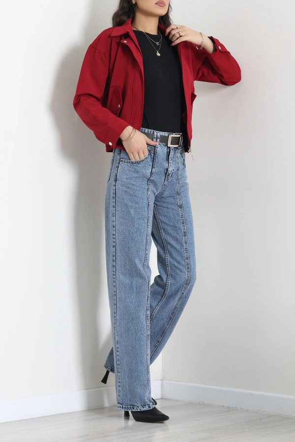 Kadın Açık Mavi Kemerli Straight Fit Yüksek Bel Kot Pantolon 5