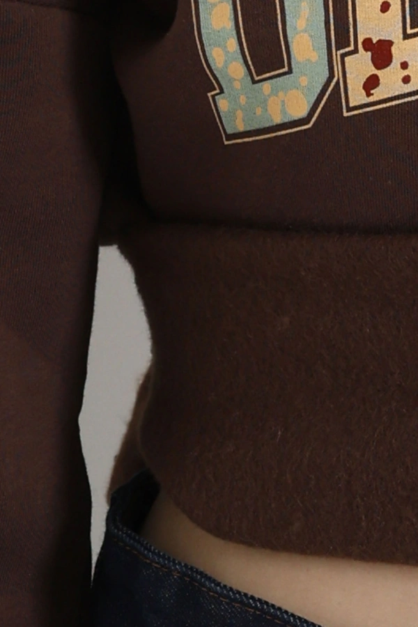 Kadın Kahve Üç İplik Baskılı Kapüşonlu Sweat Tunik 7