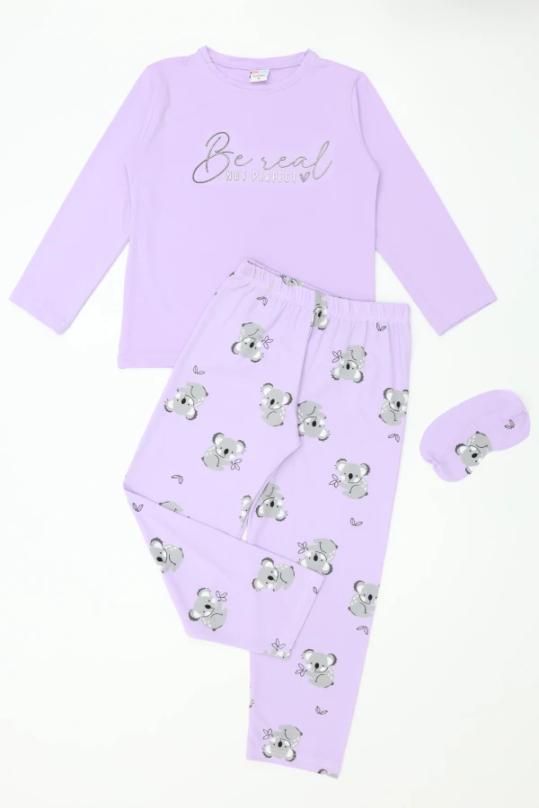 Çocuk Lila Uzun Kollu Pijama Takımı 5-9 Yaş Pamuklu 4