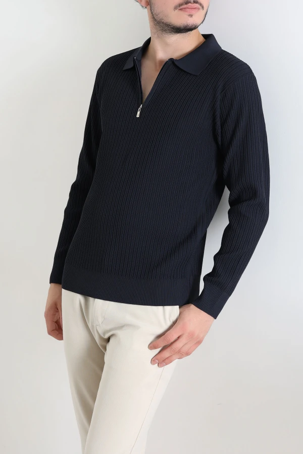 Fermuarlı Polo Yaka Erkek Triko Sweat Lacivert 5