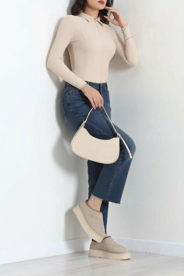 Polo Yaka Fermuarlı Body Bej 6