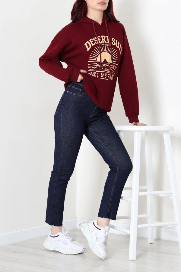 Kadın Bordo Üç İplik Kapüşonlu Baskılı Sweat Tunik 2