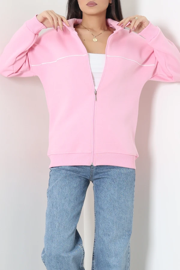 Kadın Pembe Oversize Biye Detaylı 3 İplik Kompakt Sweat