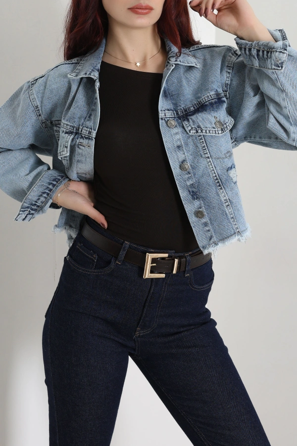 Kadın Buz Mavi Crop Kot Ceket Oversize Fitli 3