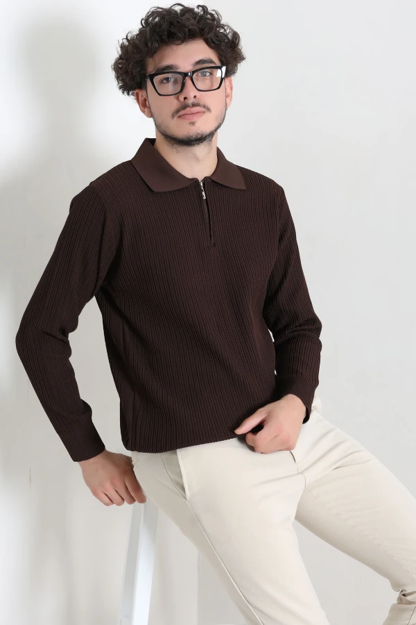 Fermuarlı Polo Yaka Erkek Triko Sweat Kahve 6