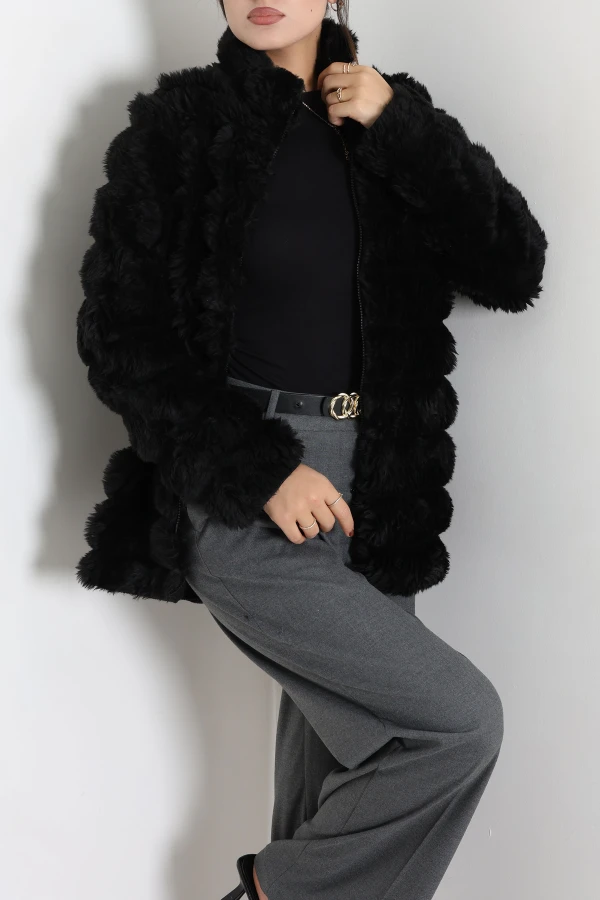 Kürk Görünümlü Peluş Ceket Siyah 7