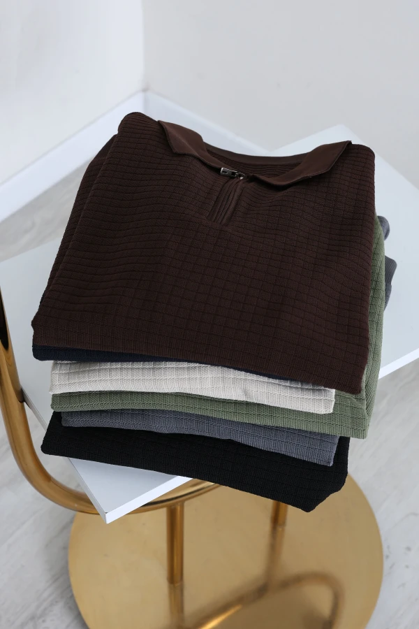 Erkek Siyah Polo Yaka Triko Sweat Uzun Kollu Basic 9