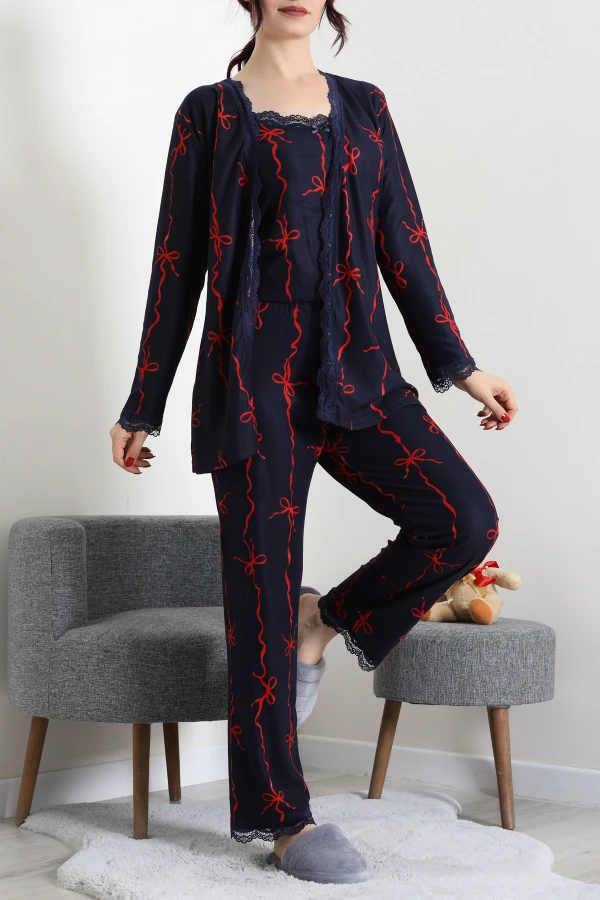 Süet 3'Lü Pijama Set Lacivertkurdele 3