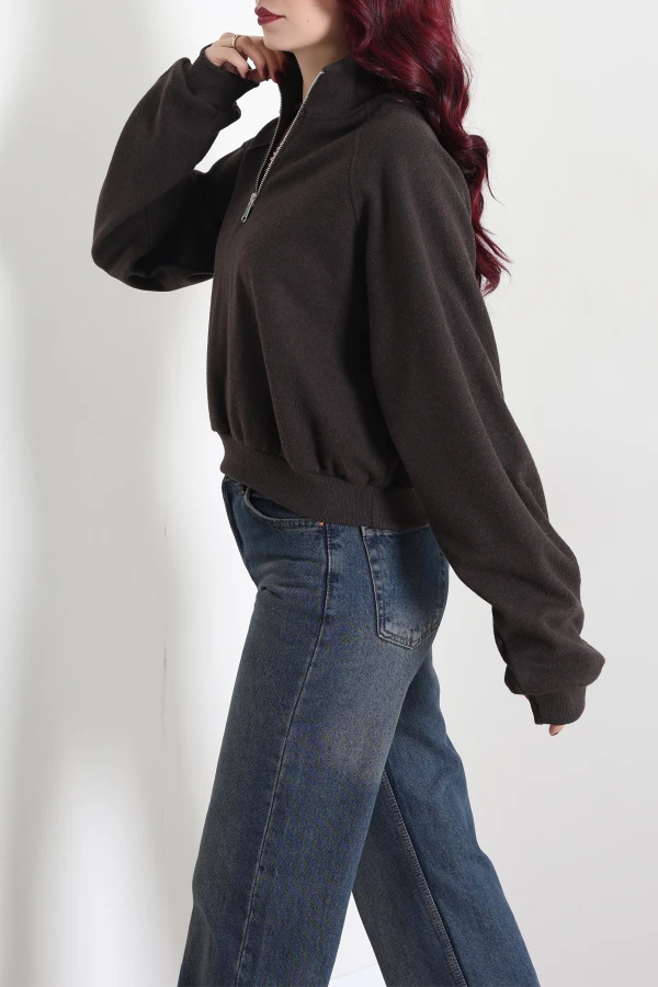 Kadın Kahve Yarasa Kol Oversize Sweat Tunik 5