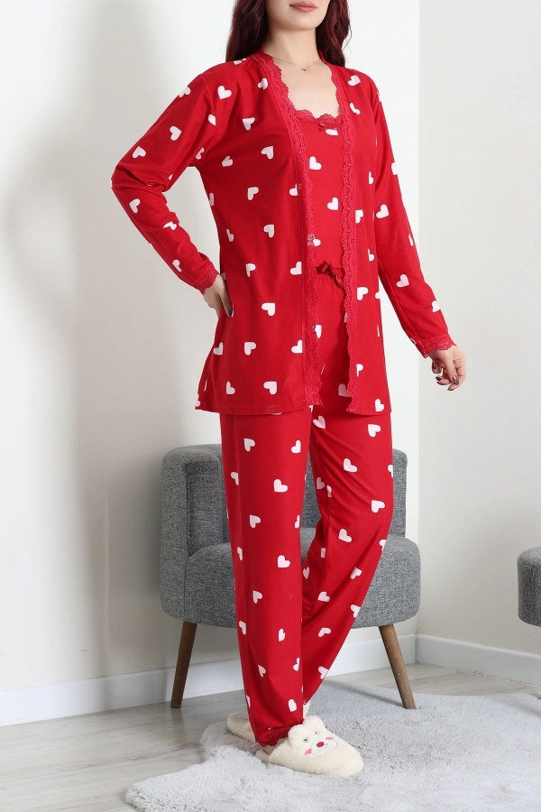 Kadın Kırmızı Beyaz Süet 3'lü Pijama Takımı 5
