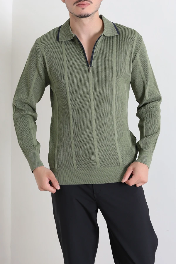 Çizgili Polo Yaka Erkek Triko Sweat Haki 2