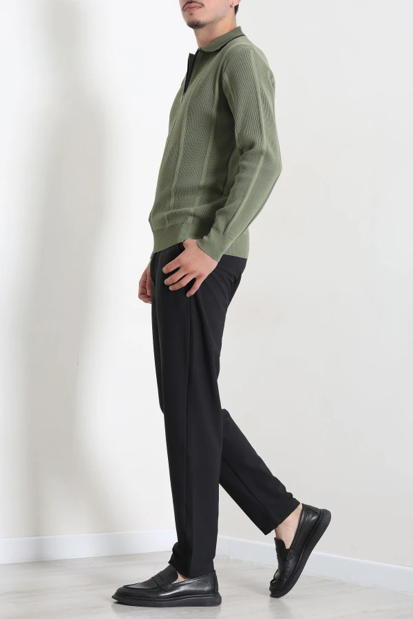 Çizgili Polo Yaka Erkek Triko Sweat Haki 6