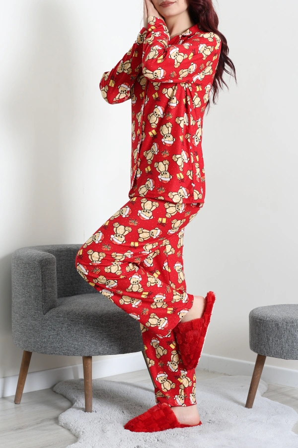 Kadın Kırmızıvizon Süet Düğmeli Rahat Pijama Takımı 6