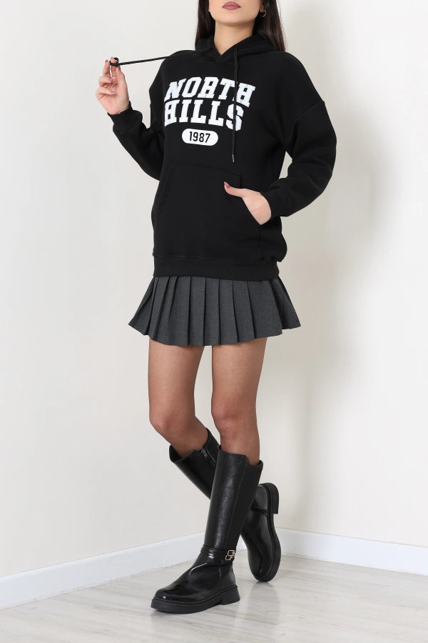 Kadın Siyah Kapüşonlu Baskılı Oversize Sweat 4