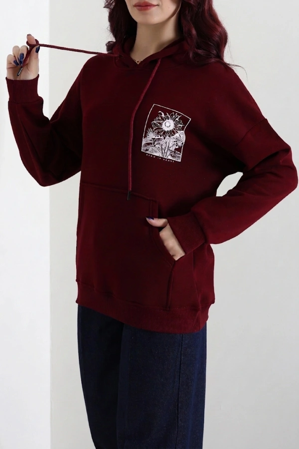 Kadın Bordo Kapüşonlu Baskılı Oversize Sweat Tunik 3