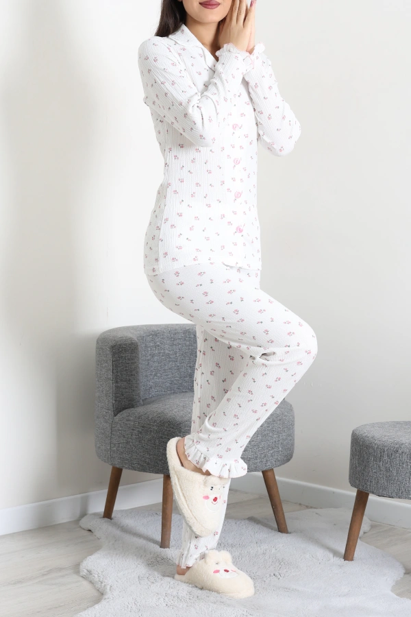 Kadın Beyazpembe Bürümcük Düğmeli Rahat Pijama Takımı 7