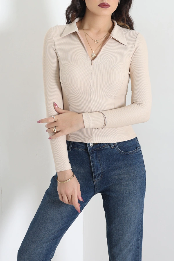 Polo Yaka Fermuarlı Body Bej 3