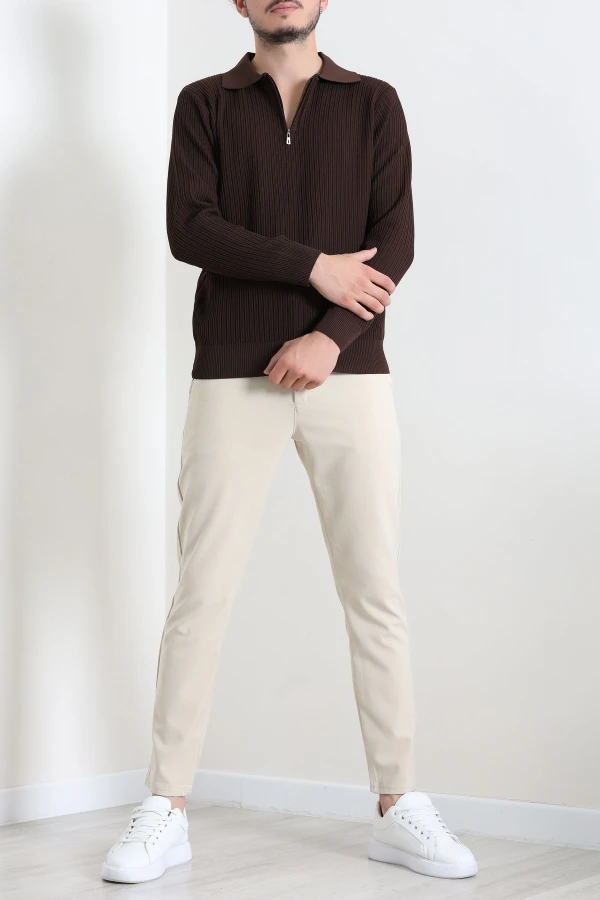 Fermuarlı Polo Yaka Erkek Triko Sweat Kahve 3