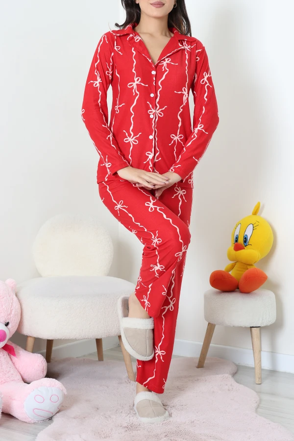 Süet Düğmeli Pijama Takımı Kırmızı 5