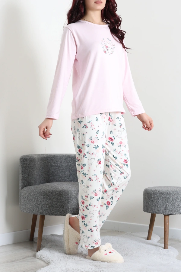 Kadın Pembe Şardonlu Milan Pijama Takımı Rahat Kalıp 4