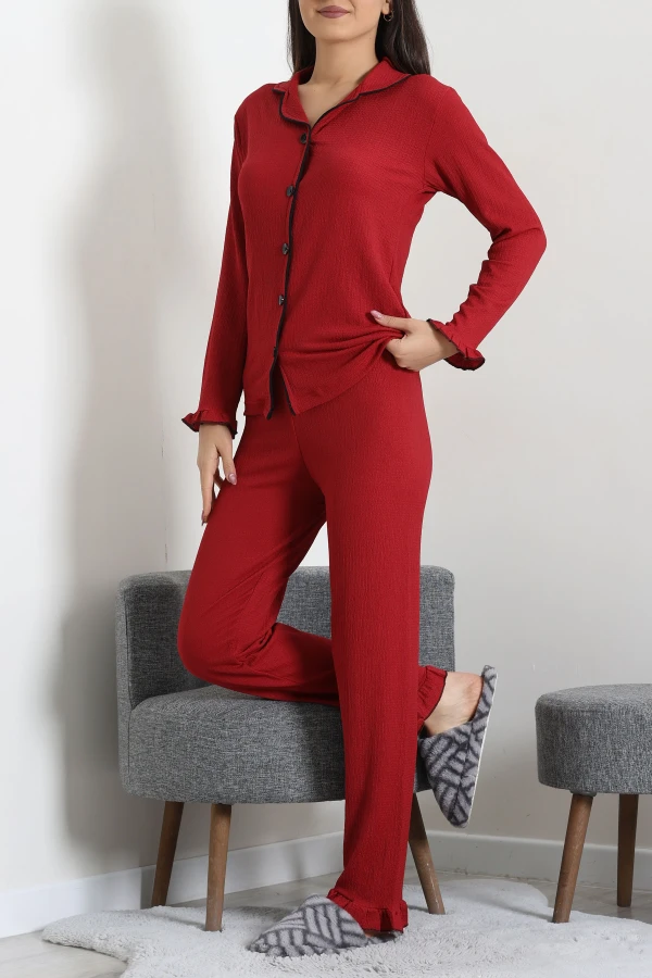 Kadın Bordo Bürümcük Düğmeli Pijama Takımı Rahat Kalıp 4