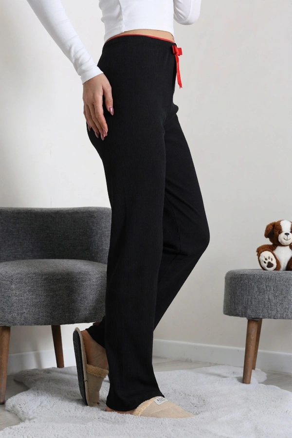 Kadın Siyah Ribana Pamuklu Rahat Kalıp Pijama Altı 5