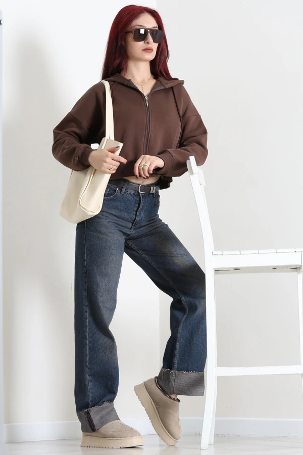 Kadın Kahve Oversize 3 İplik Kompakt Fleto Cepli Sweat Tunik 2