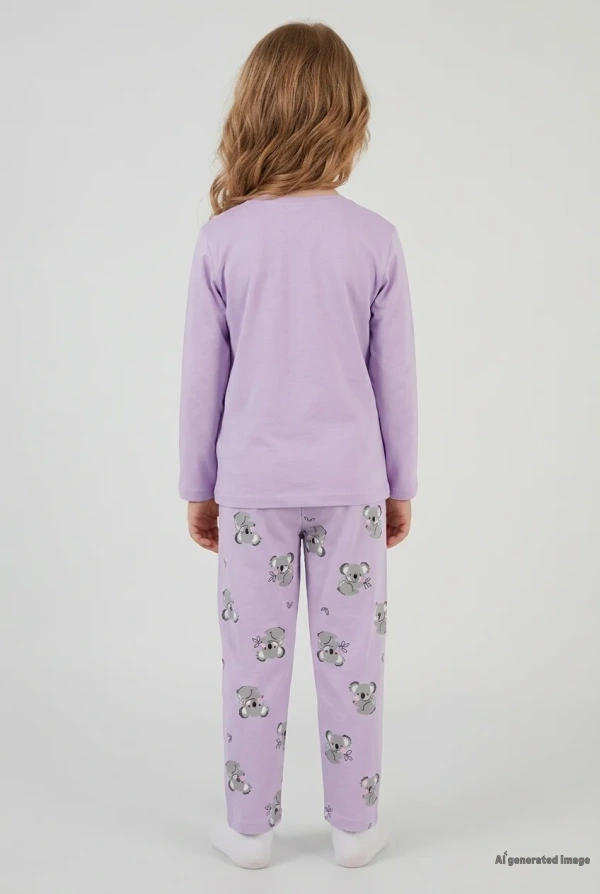 Çocuk Lila Uzun Kollu Pijama Takımı 5-9 Yaş Pamuklu 3