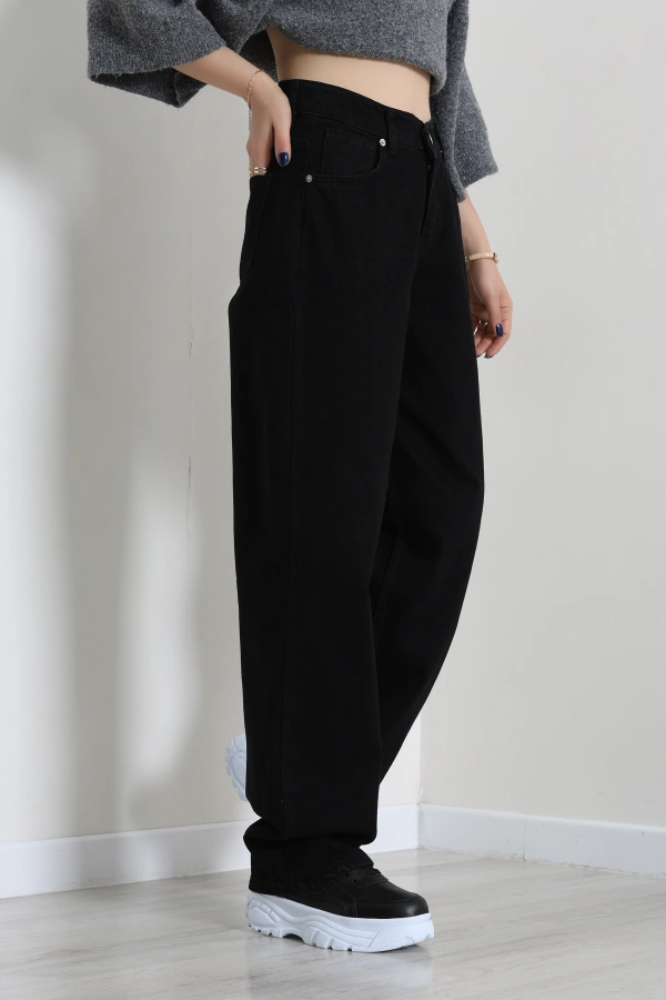 Kadın Siyah Baggy Fit Yüksek Bel Bol Paça Kot Pantolon 3