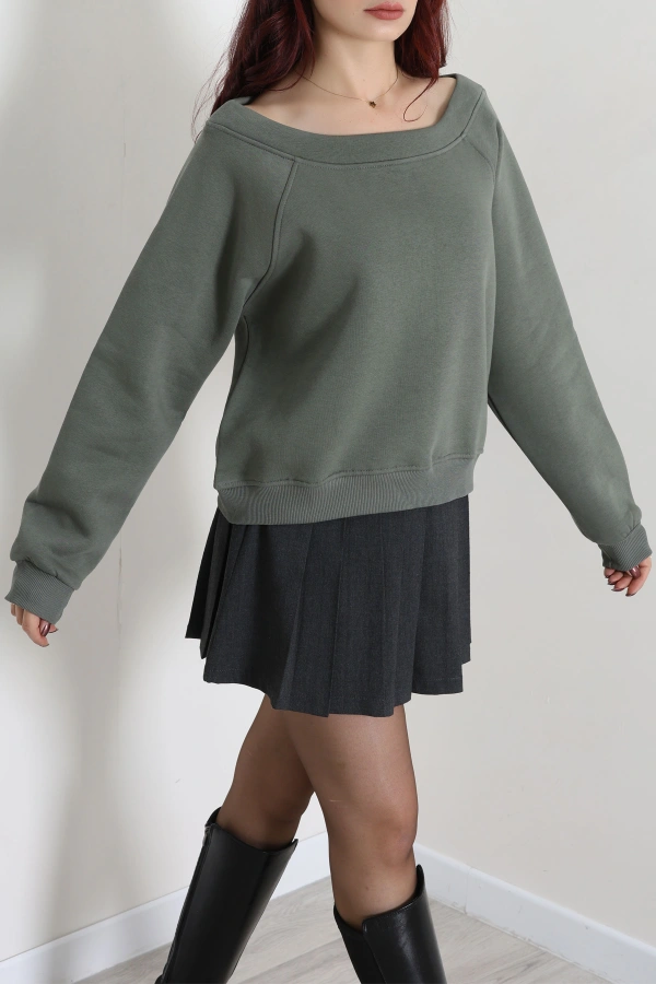 Kadın Haki Kayık Yaka 3 İplik Şardonlu Sweatshirt Tunik 5