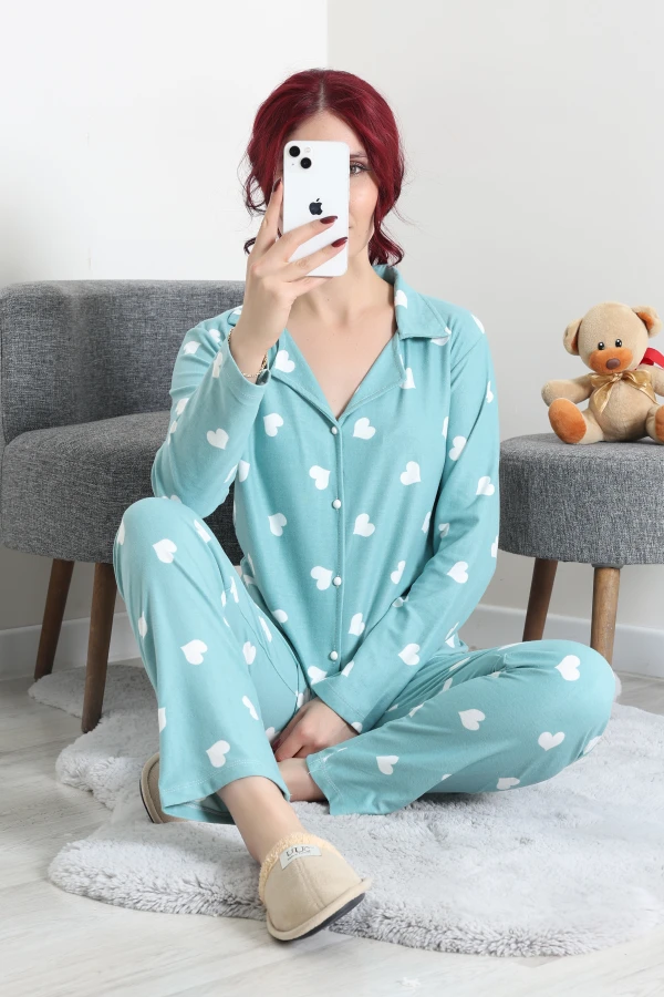 Kadın Mint Yeşili Süet Düğmeli Pijama Takımı 6