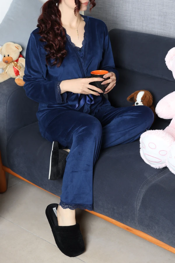 Fransız Kadife 3'Lü Pijama Seti Lacivert 3