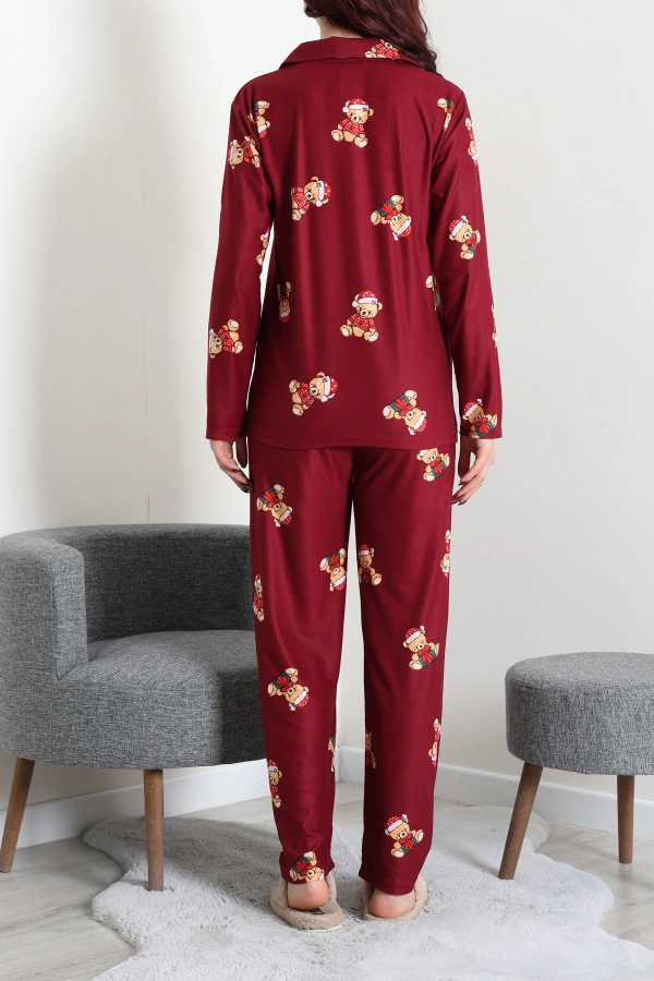 Kadın Bordo Süet Düğmeli Pijama Takımı 8