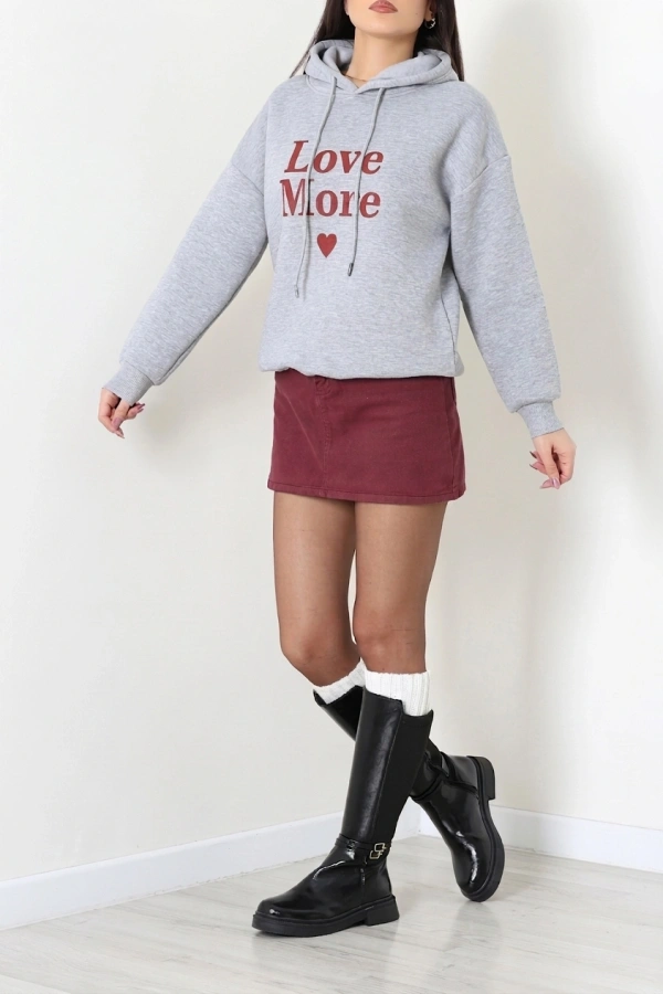 Kadın Gri Üç İplik Kapüşonlu Baskılı Sweatshirt Tunik 4