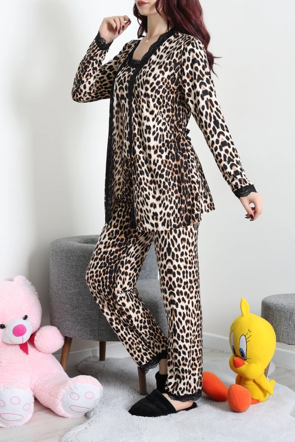 Süet 3'Lü Pijama Set Leopar 6