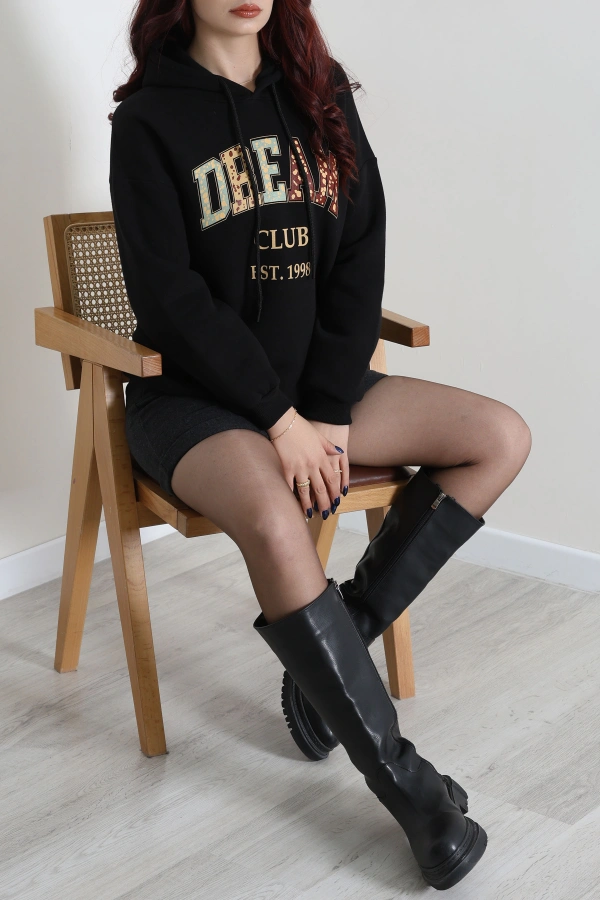 Kadın Siyah Üç İplik Baskılı Kapüşonlu Oversize Sweat 2