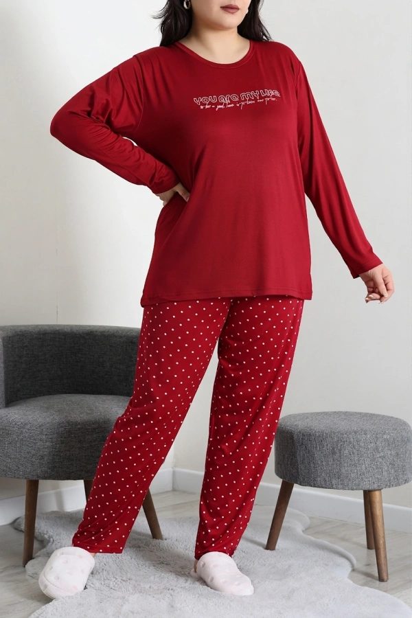 Kadın Kırmızı Puanlı Büyük Beden Baskılı Pijama Takımı
