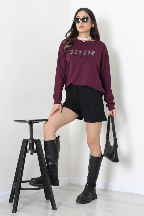 Taş Detay Modal Sweat Mürdüm 2