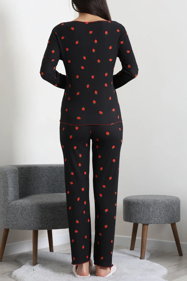 Kadın Siyah Kaşkorse Askılı Fitilli Pijama Takımı 8