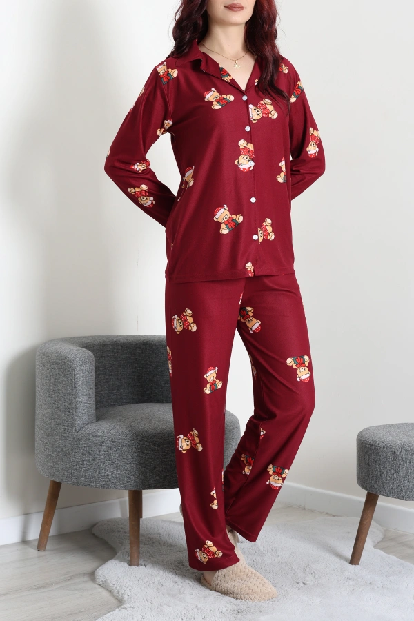 Kadın Bordo Süet Düğmeli Pijama Takımı 2