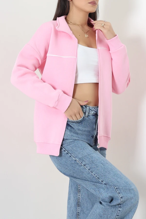 Kadın Pembe Oversize Biye Detaylı 3 İplik Kompakt Sweat 5
