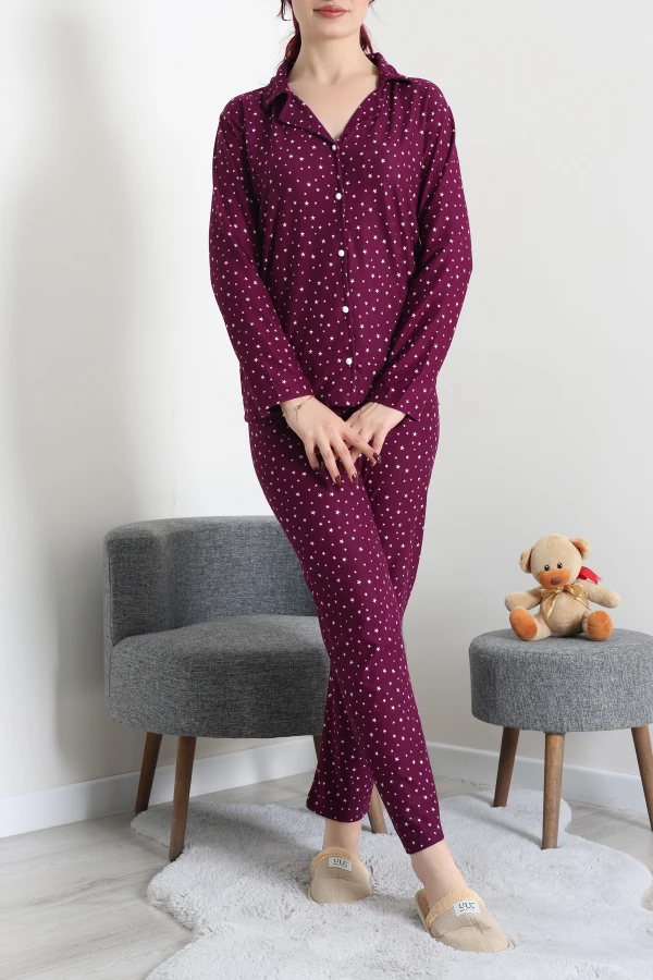 Kadın Mürdüm Süet Düğmeli Pijama Takımı Rahat Kalıp 3