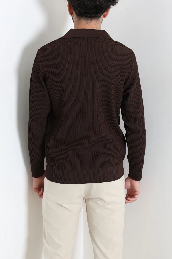 Fermuarlı Polo Yaka Erkek Triko Sweat Kahve 8